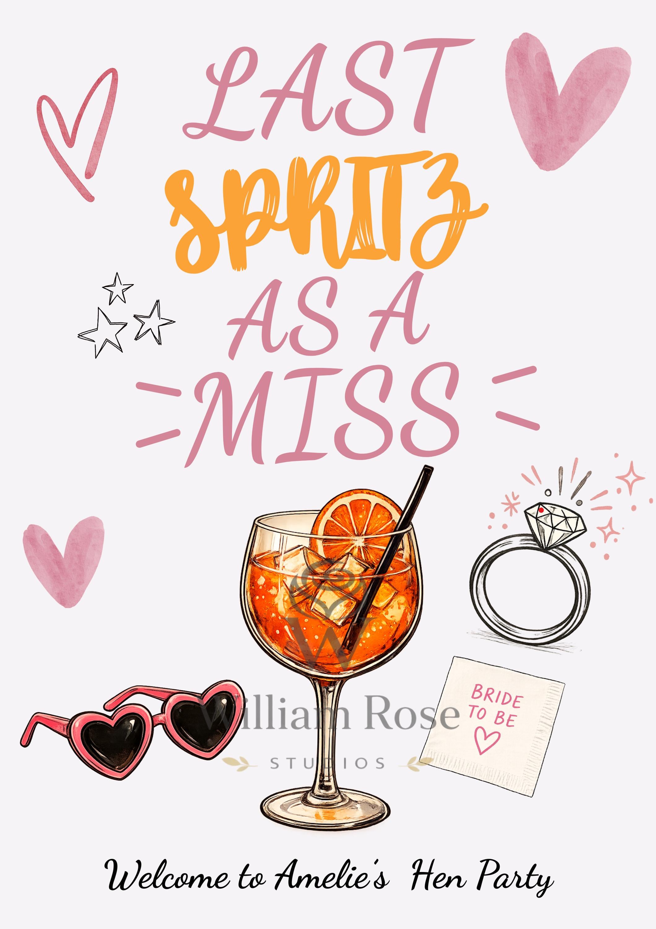 Last Spritz as a Miss Hen Party Welcome Sign Editable Template (Digital Download Only)