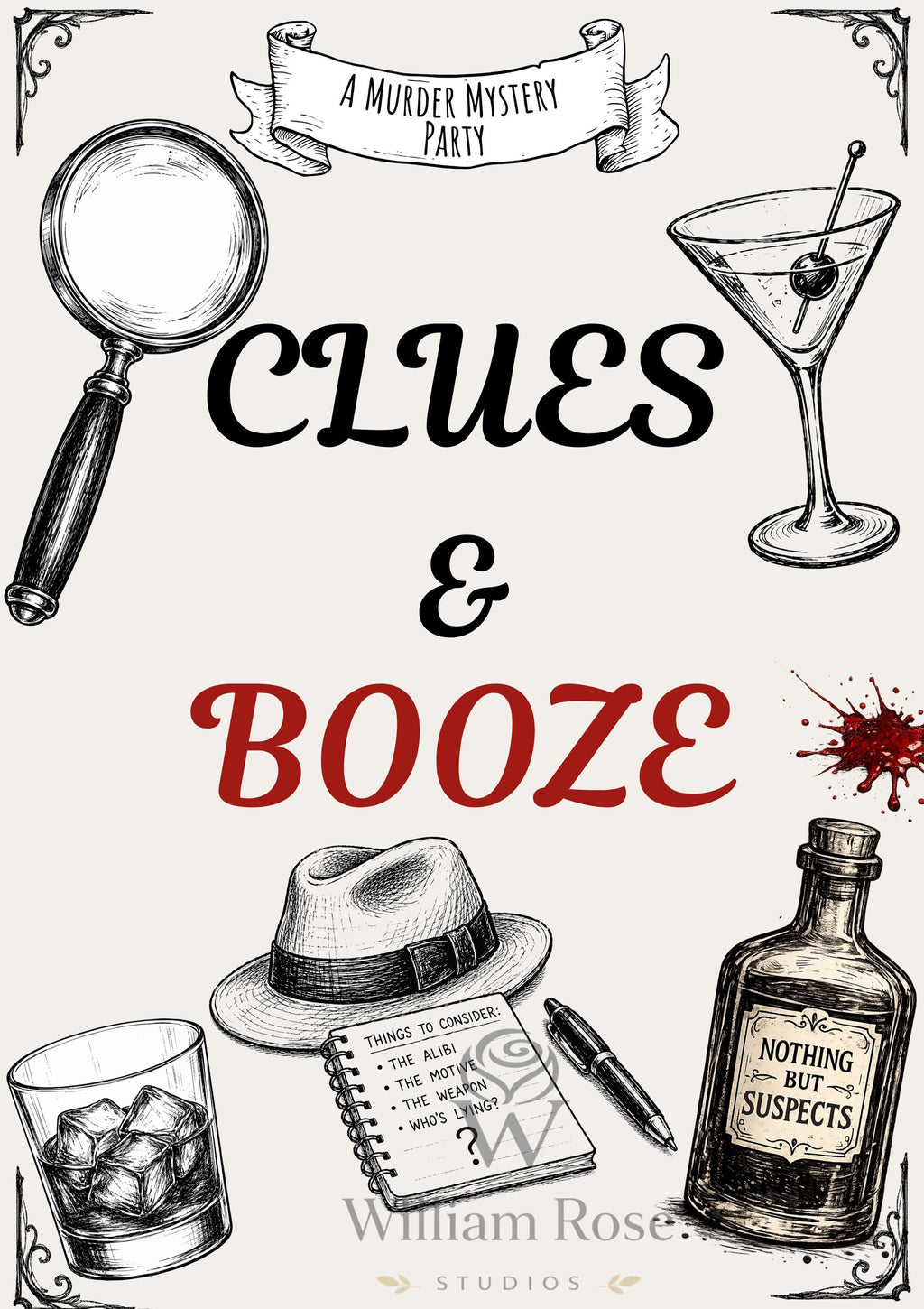 Clues & Booze Murder Mystery Party Sign | Editable Template (Digital Download Only)