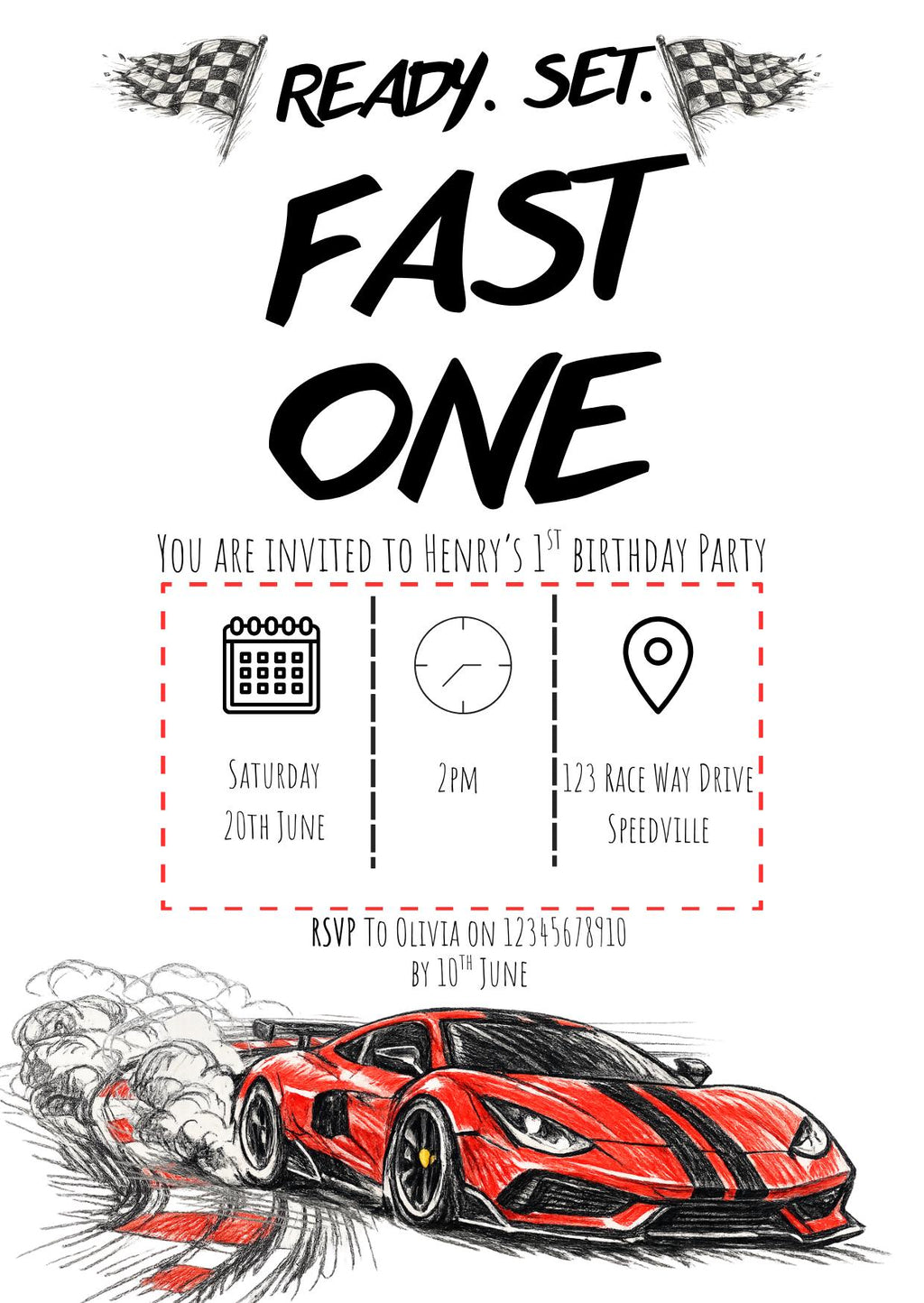 Fast One Kids Birthday Party Invitation Template | Editable Template | Digital Download Only