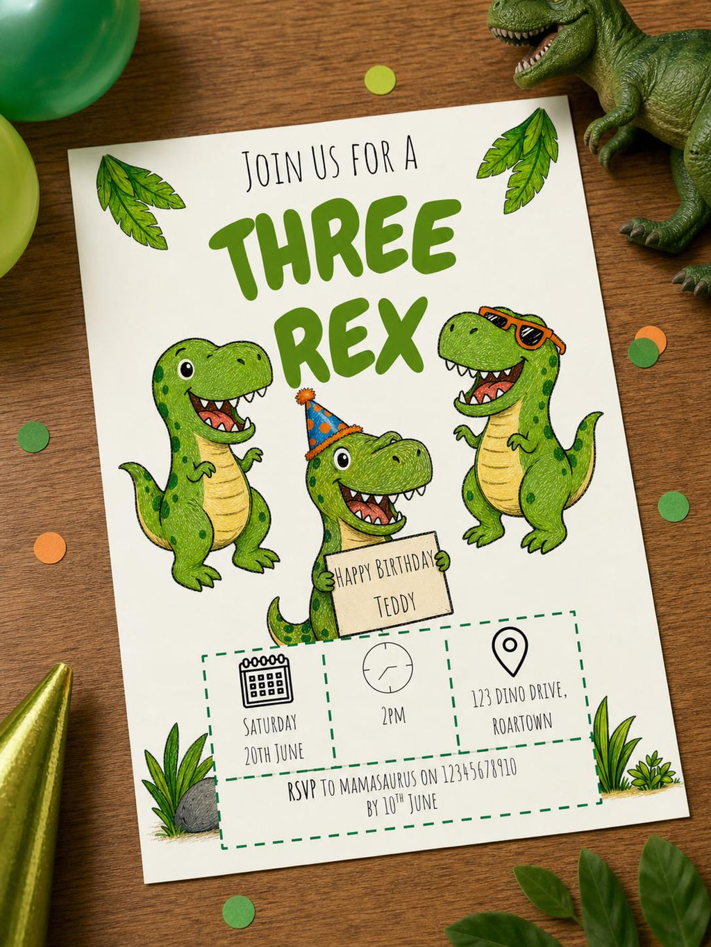 Three Rex Kids Birthday Party Invitation Template | Editable Template | Digital Download Only