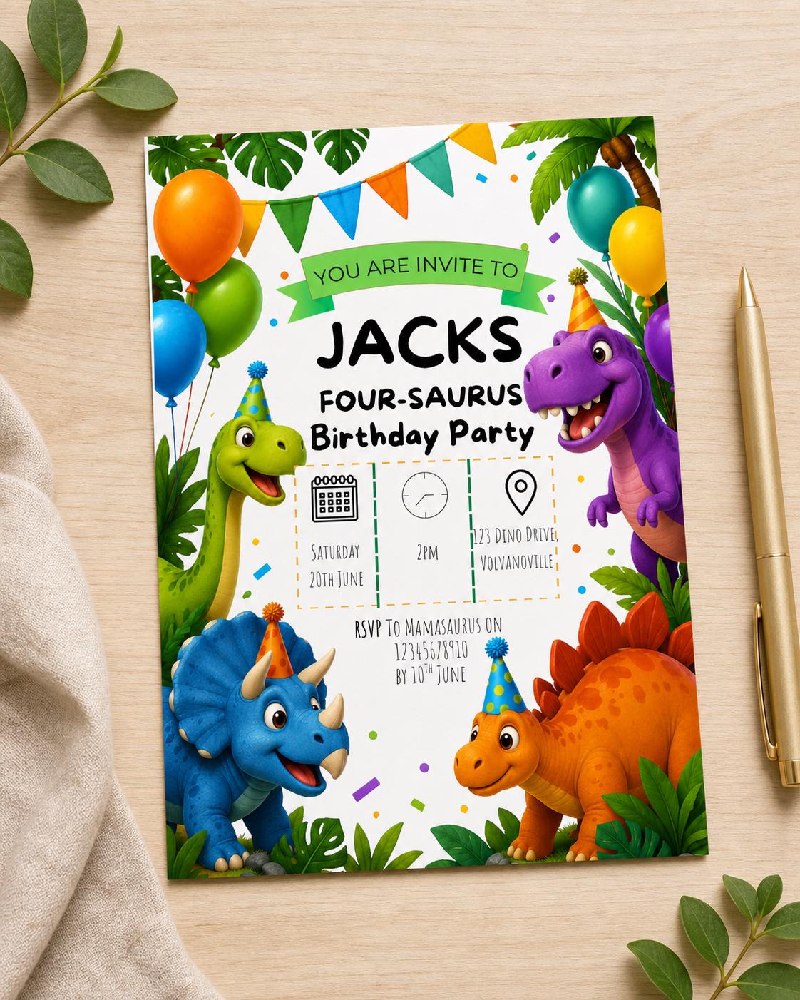 Four-Saurus Kids Birthday Party Invitation Template | Editable Template | Digital Download Only